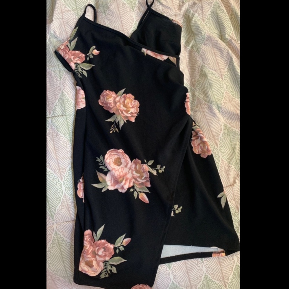 Black, short, flowers dress.